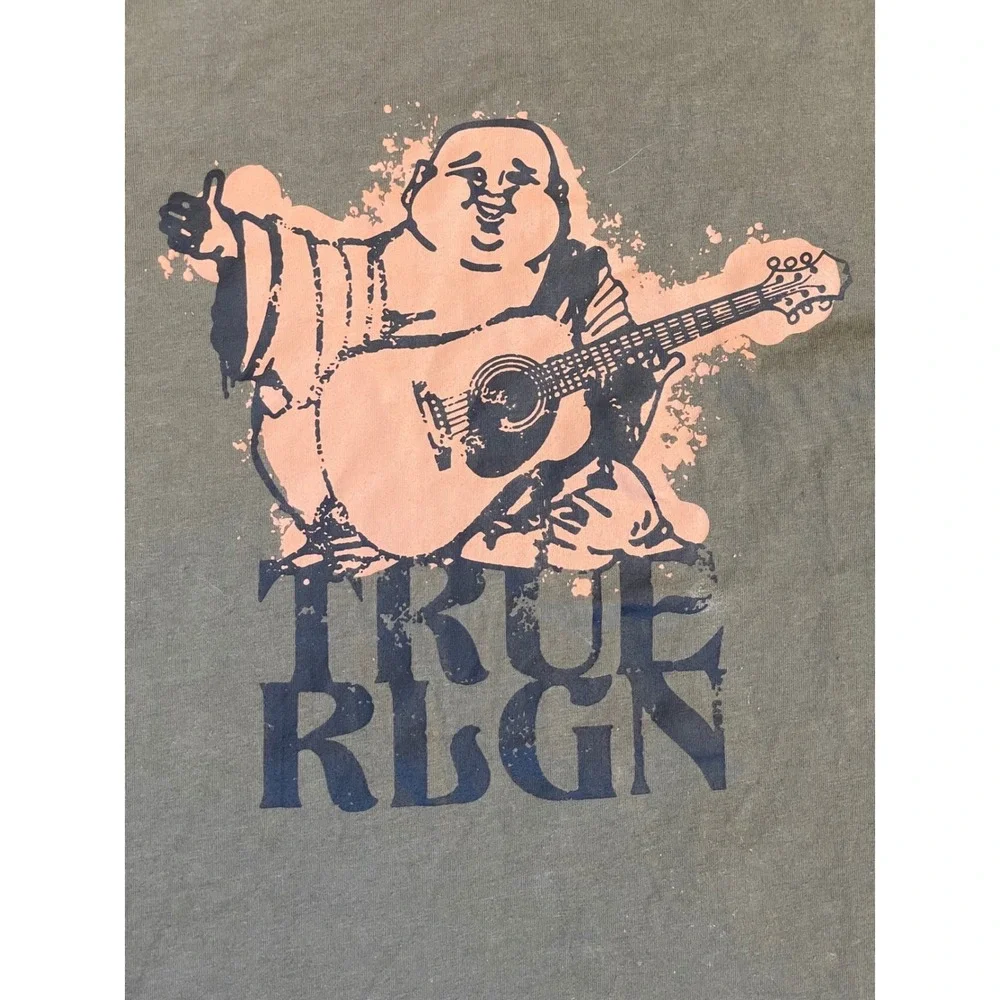 True Religion Mens Olive Green Buddha Guitar Graphic T-Shirt Medium Short Sleeve